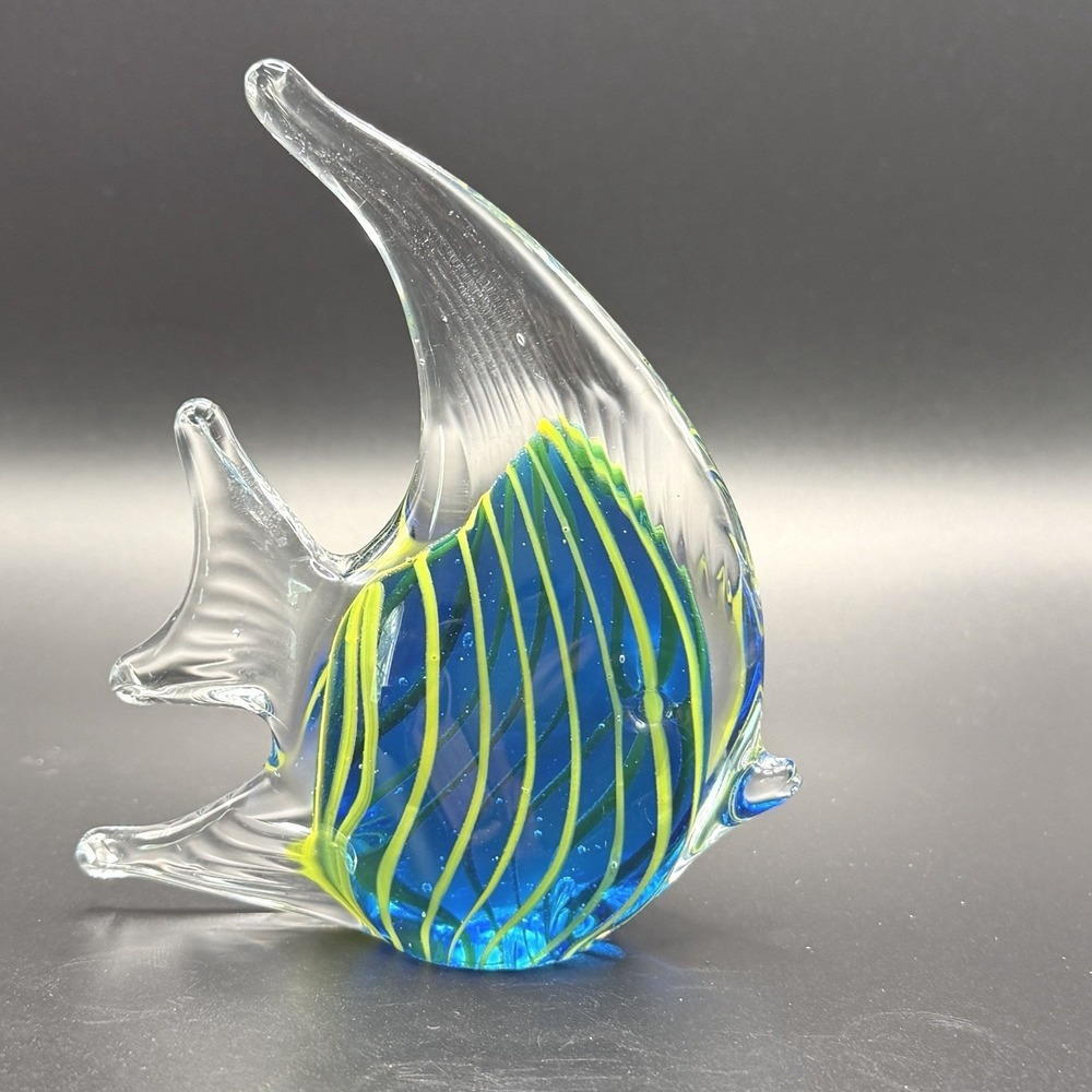 Angel Fish Art Glass Paperweight Figurine Decor Blue Yellow Murano Style